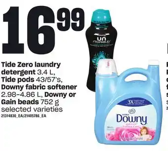 Loblaws Tide zero laundry detergent, 3.4 l, tide pods, 43/57's, downy fabric softener, 2.98-4.86 l, downy or gain beads, 752 g offer