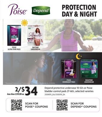 Loblaws Depend protective underwear, 10-52's or poise bladder control pads, 27-66's offer