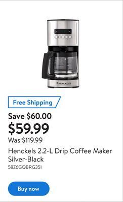 Walmart Henckels 2.2-l drip coffee maker silver-black offer