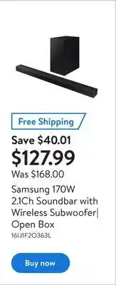 Walmart Samsung 170w 2.1ch soundbar with wireless subwoofer| open box offer