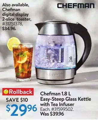 Walmart Chefman 1.8l easy-steep glass kettle with tea infuser offer