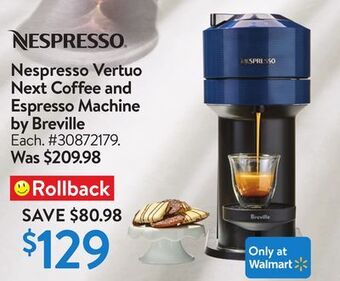 Walmart Nespresso vertuo next coffee and espresso machine by breville offer