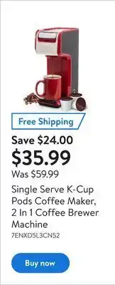 Walmart Single serve k-cup pods coffee maker, 2 in 1 coffee brewer machine offer