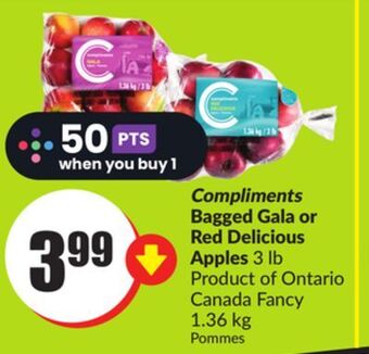 Chalo FreshCo Compliments bagged gala or red delicious apples 3 lb product of ontario canada fancy 1.36 kg offer