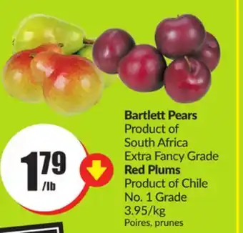 Chalo FreshCo Bartlett pears product of south africa extra fancy grade red plums product of chile no. 1 grade 3.95/kg offer