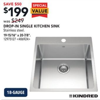 RONA Kindred drop-in single kitchen sink, 19-15/16" x 20-7/8" offer