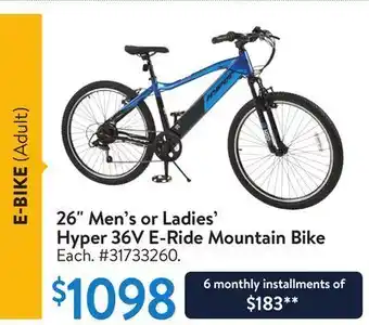 Walmart 26" men's or ladies' hyper 36v e-ride mountain bike offer