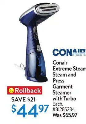 Walmart Conair extreme steam, steam and press garment steamer with turbo offer