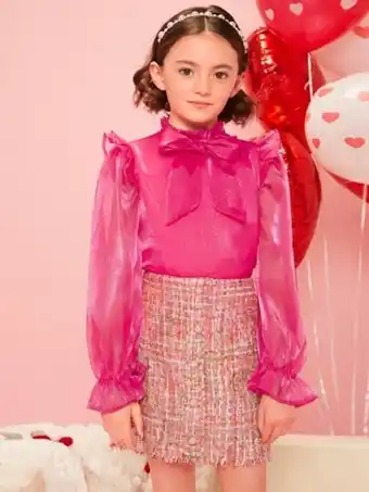 SheIn Shein girls 1pc bow front frill trim flounce sleeve top & 1pc tweed skirt offer