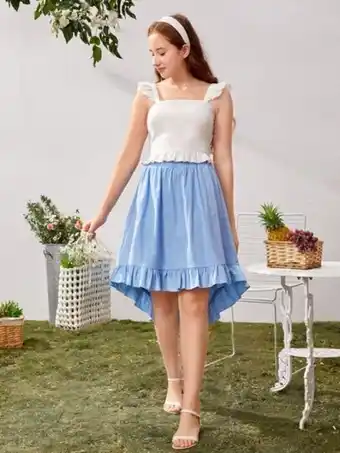 SheIn Shein teen girls ruffle trim top & ruffle hem skirt set offer