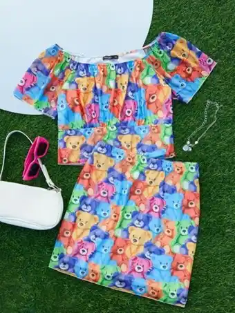 SheIn Shein ezwear plus cartoon graphic off shoulder top & skirt offer