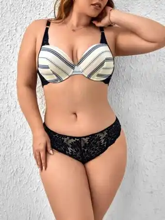 SheIn Plus striped contrast lace underwire lingerie set offer