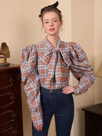 SheIn Shein mod tie neck plaid puff sleeve curved hem blouse offer