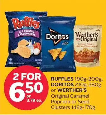 Rexall Ruffles, doritos or werther's original caramel popcorn or seed clusters offer