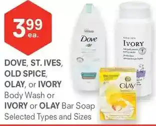 Guardian Pharmacy Dove, st. ives, old spice, olay or ivory body wash or ivory or olay bar soap offer