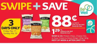 Rexall Nosh & co. potato chips, cheese stix or sour cream & onion rings offer