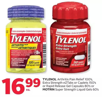 Rexall Tylenol arthritis pain relief, extra strength eztabs or caplets or rapid release gel capsules or motrin super strength liquid offer