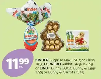 Rexall Kinder surprise maxi or plush, ferrero rabbit or lindt bunny, bunny & eggs or bunny & carrots offer