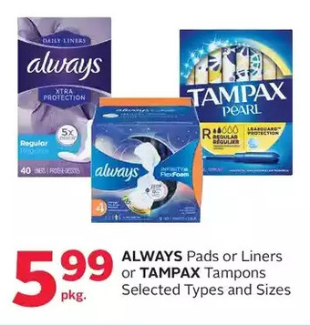 Rexall Always pads or liners or tampax tampons offer