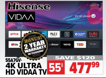 2001 Audio Video Hisense 55" 4k ultra hd vidaa tv offer
