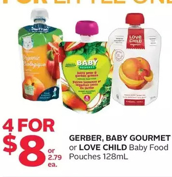 Rexall Gerber, baby gourmet or love child baby food pouches offer
