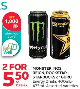 Rexall Monster, nos, reign, rockstar, starbucks or guru energy drinks offer