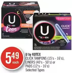 Shoppers Drug Mart U by kotex click tampons, liners or pads offer