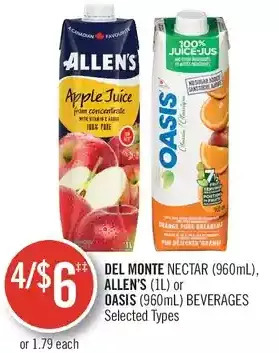 Shoppers Drug Mart Del monte nectar, allen's or oasis beverages offer