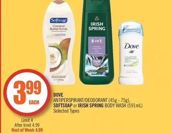 Shoppers Drug Mart Dove antiperspirant/deodorant, softsoap or irish spring body wash offer