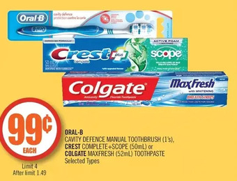 Shoppers Drug Mart Oral-b cavity defence manual toothbrush, crest complete+scope or colgate maxfresh toothpaste offer