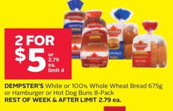 Rexall Dempster's white or 100% whole wheat bread 675g or hamburger or hot dog buns 8-pack offer