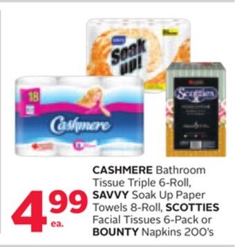 Rexall Cashmere bathroom tissue triple 6-roll, savvy soak up paper towels 8-roll, scotties facial tissues 6-pack or bounty napkins 2 offer