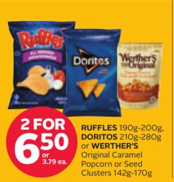 Rexall Ruffles 190g-200g, doritos 210g-280g or werther's original caramel popcorn or seed clusters 142g-170g offer