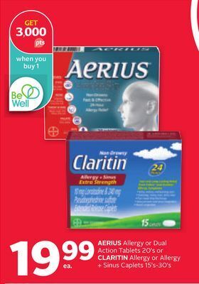 Rexall Aerius allergy or dual action tablets 20' s or claritin allergy or allergy + sinus caplets 15' s-30' s offer