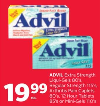 Rexall Advil extra strength liqui-gels 80' s, regular strength 115' s, arthritis pain caplets 80' s, 12 hour tablets 85' s or mini-g offer