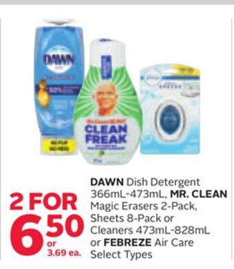 Rexall Dawn dish detergent 366ml-473ml, mr. clean magic erasers 2-pack, sheets 8-pack or cleaners 473ml-828ml or febreze air care offer