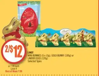 Shoppers Drug Mart Lindt mini bunnies (5 x 10g), gold bunny (100g) or lindor eggs (120g) offer