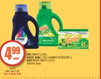 Shoppers Drug Mart Tide simply (1.09l), cheer, gain (1.36l) laundry detergent or gain dryer sheets (120's) offer