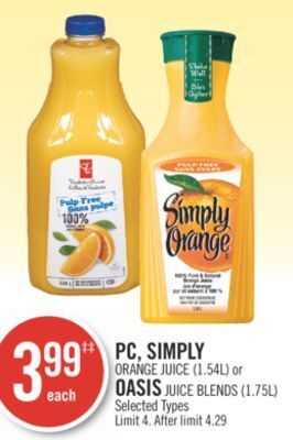 Shoppers Drug Mart Pc, simply orange juice (1.54l) or oasis juice blends (1.75l) offer