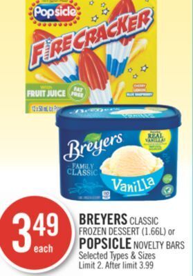 Shoppers Drug Mart Breyers classic frozen dessert (1.66l) or popsicle novelty bars offer
