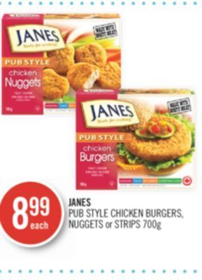 Shoppers Drug Mart Janes pub style chicken burgers, nuggets or strips 700g offer