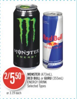 Shoppers Drug Mart Monster (473ml), red bull or guru (355ml) energy drink offer