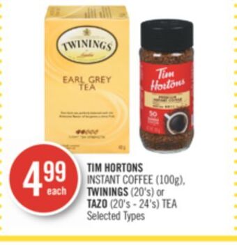 Shoppers Drug Mart Tim hortons instant coffee (100g) twinings (20's) or tazo (20's - 24's) tea offer