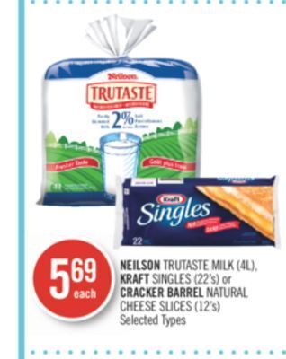 Shoppers Drug Mart Neilson trutaste milk 4l kraft singles 22's or cracker barrel natural cheese slices 12's offer