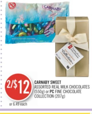 Shoppers Drug Mart Carnaby sweet assorted real milk chocolates (550g) or pc fine chocolate collection (207g) offer