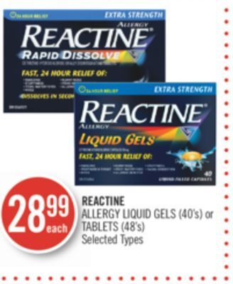 Shoppers Drug Mart Reactive allergy liquid gels (40's) or tablets offer