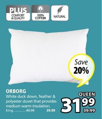 JYSK Orborg white duck down, feather & polyester duvet offer