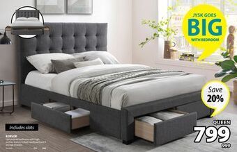 JYSK Korsor upholstered bedframe with high- profile, button-tufted headboard and 4 storage drawers offer