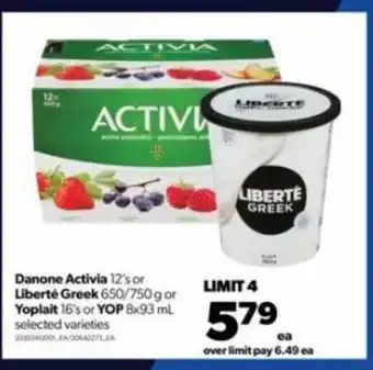 Real Canadian Superstore Danone activia 12's or liberte greek 650/750g offer