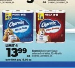 Real Canadian Superstore Charmin bathroom tissue 12-48 rolls offer